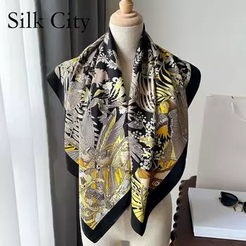 Высококачественные роскошные шелковые шарфы, повязка на голову, шарфы, шейный шарф для женщин, шелковый шарф с цепочкой, женская декоративная шаль 90*90cm