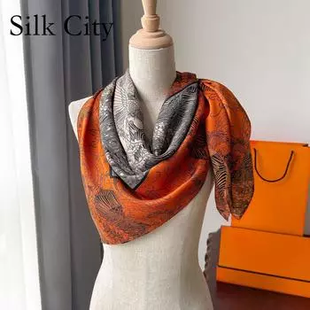 Высококачественные роскошные шелковые шарфы, повязка на голову, шарфы, шейный шарф для женщин, шелковый шарф с цепочкой, женская декоративная шаль 90*90cm коричневый