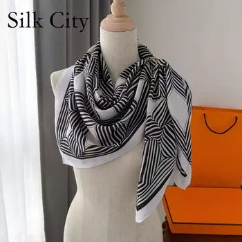 Высококачественные роскошные шелковые шарфы, повязка на голову, шарфы, шейный шарф для женщин, шелковый шарф с цепочкой, женская декоративная шаль 90*90cm чёрный