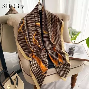 Высококачественные роскошные шелковые шарфы, повязка на голову, шарфы, шейный шарф для женщин, шелковый шарф с цепочкой, женская декоративная шаль 110-110cm