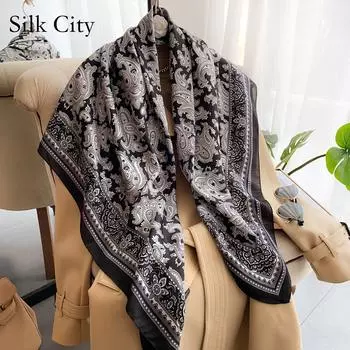 Высококачественные роскошные шелковые шарфы, повязка на голову, шарфы, шейный шарф для женщин, шелковый шарф с цепочкой, женская декоративная шаль 110-110cm