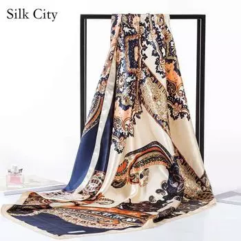 Высококачественные роскошные шелковые шарфы, повязка на голову, шарфы, шейный шарф для женщин, шелковый шарф с цепочкой, женская декоративная шаль 90*90cm