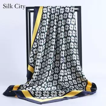 Высококачественные роскошные шелковые шарфы, повязка на голову, шарфы, шейный шарф для женщин, шелковый шарф с цепочкой, женская декоративная шаль 90*90cm жёлтый