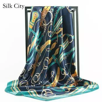 Высококачественные роскошные шелковые шарфы, повязка на голову, шарфы, шейный шарф для женщин, шелковый шарф с цепочкой, женская декоративная шаль 90*90cm