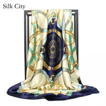 Высококачественные роскошные шелковые шарфы, повязка на голову, шарфы, шейный шарф для женщин, шелковый шарф с цепочкой, женская декоративная шаль 90*90cm