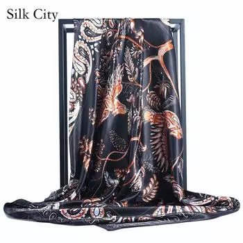 Высококачественные роскошные шелковые шарфы, повязка на голову, шарфы, шейный шарф для женщин, шелковый шарф с цепочкой, женская декоративная шаль 90*90cm