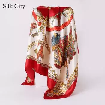 Высококачественные роскошные шелковые шарфы, повязка на голову, шарфы, шейный шарф для женщин, шелковый шарф с цепочкой, женская декоративная шаль 90cm