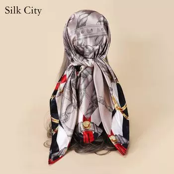 Высококачественные роскошные шелковые шарфы, повязка на голову, шарфы, шейный шарф для женщин, шелковый шарф с цепочкой, женская декоративная шаль 90cm