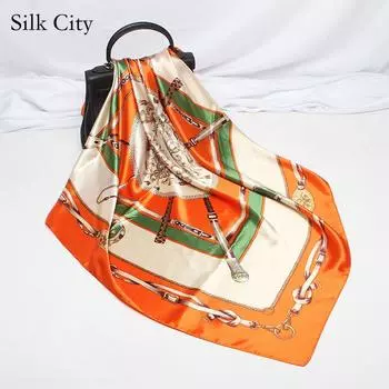 Высококачественные роскошные шелковые шарфы, повязка на голову, шарфы, шейный шарф для женщин, шелковый шарф с цепочкой, женская декоративная шаль 90*90cm