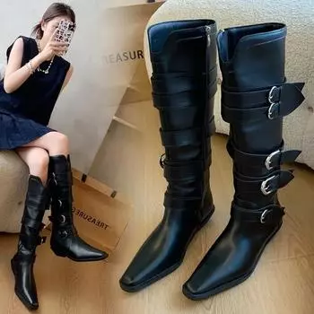 Высококачественные сапоги Wasteland Punk Gothic Style Vintage Motorcycles Western Boots для женщин Черные сапоги с заклепками до колена 35 коричневый