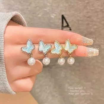 «Высококачественные серьги-бабочки из серебра 925 пробы с жемчугом — универсальный, роскошный дизайн в стиле синего океана для женщин» A1534 серебряный