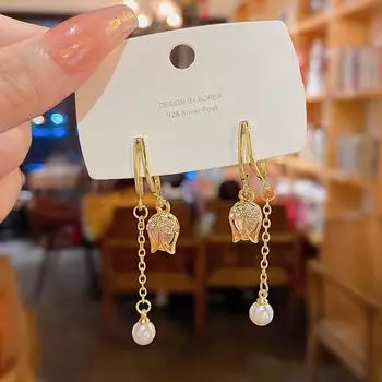 Высококачественные серьги-кисточки в виде розового тюльпана с иглой из серебра 925 пробы