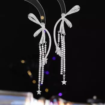 Высококачественные серьги с бахромой из циркония в форме банта с холодным ветром, преувеличенные нишевые серьги с умным темпераментом серебряный