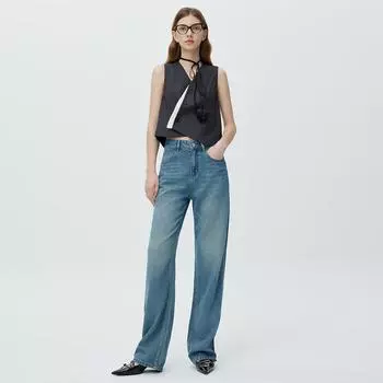 Высококачественные широкие джинсы из конопляного волокна для женщин, новый летний стиль, универсальные брюки до пола с высокой талией 25 синий