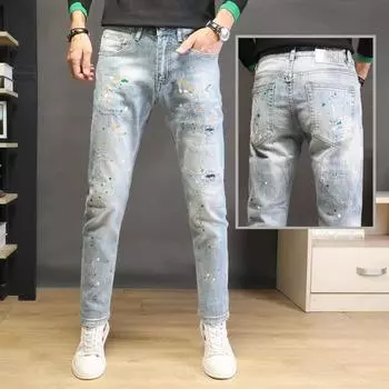 Высококачественные светлые джинсы, мужские эластичные брендовые джинсы Tidal, тонкие маленькие ступни, точечки краски, рваные дырки, красивые мужские брюки Senior Sense of Gangster 27 80-90g