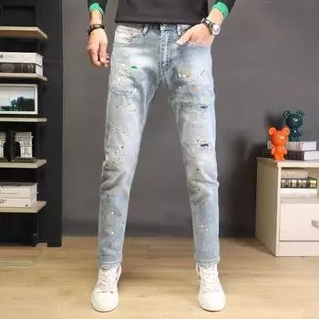 Высококачественные светлые джинсы, мужские эластичные брендовые джинсы Tidal, тонкие маленькие ступни, точечки краски, рваные дырки, красивые мужские брюки Senior Sense of Gangster 27 80-90g
