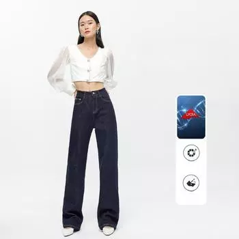 Высококачественные темно-синие джинсы оригинального цвета для женщин с высокой талией, утягивающие прямые девятиточечные манжеты с манжетами 25 чёрный