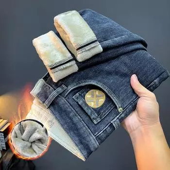 Высококачественные толстые мягкие теплые джинсы для отдыха с флисовой подкладкой для мужчин 2024 года, зимние облегающие брюки-шаровары с микро-зауженными штанинами 28 синий