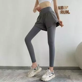 Высококачественные тонкие поддельные двухкомпонентные спортивные штаны с высокой талией, утягивающие живот, быстросохнущие штаны для йоги большого размера S чёрный