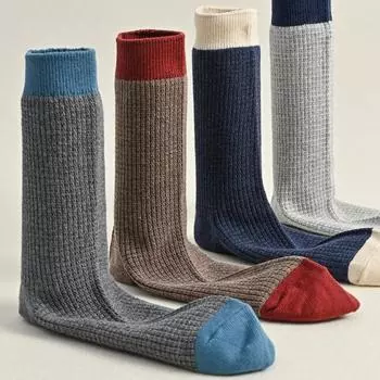 Высококачественные трикотажные хлопковые дышащие эластичные длинные носки для мужчин, синие, белые, серые, средней длины, носки разных цветов