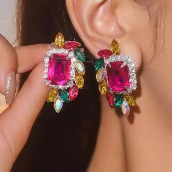 Высококачественные великолепные серьги из цветного стекла со стразами, серьги с преувеличенно яркими драгоценными камнями