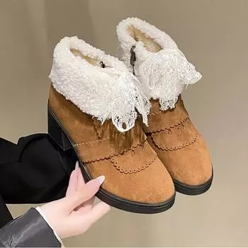 Высококачественные женские ботильоны на высоком каблуке и платформе, женские туфли на молнии с толстым каблуком, этнические кружевные, короткие лодочки 35