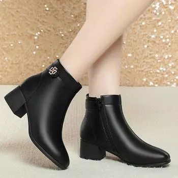 Высококачественные женские ботинки из натуральной кожи 2024 года, зимние теплые ботильоны на толстом каблуке, женские короткие ботинки ручной работы на молнии 35