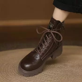 Высококачественные женские ботинки из выделанной вручную кожи, женские ботинки Martin 2024 года, осень-зима, новый первый слой коровьей кожи, иностранные, универсальные, на толстой подошве, короткие 34 чёрный