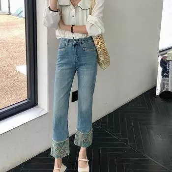 Высококачественные женские брюки-багеты Джинсы, винтажный дизайн, сложенный принт, брюки-сигареты прямого кроя с девятью точками S синий