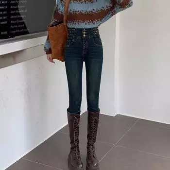 Высококачественные женские джинсы скинни, утягивающие эластичные толстые брюки-карандаш с высокой талией S синий