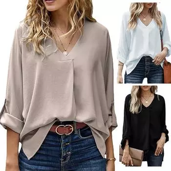Высококачественные женские летние повседневные шифоновые блузки с разрезом и V-образным вырезом, свободная туника с коротким рукавом, длинные весенне-осенние офисные элегантные топы XL хаки