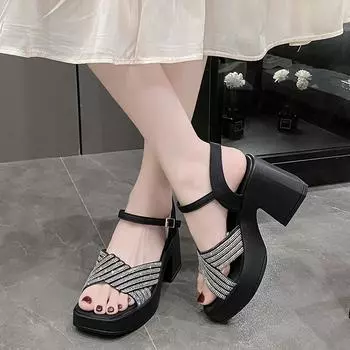 Высококачественные женские сандалии на толстом каблуке с квадратным носком и открытым носком в стиле феи, однотонные туфли на толстом каблуке и платформе Zapatos Mujer 35 чёрный