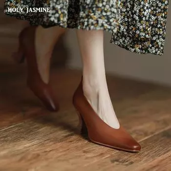 Высококачественные женские туфли-лодочки из натуральной кожи на толстом каблуке с квадратным носком, базовые офисные туфли для женщин, повседневная женская обувь, весна-лето 2024, новинка 4 коричневый