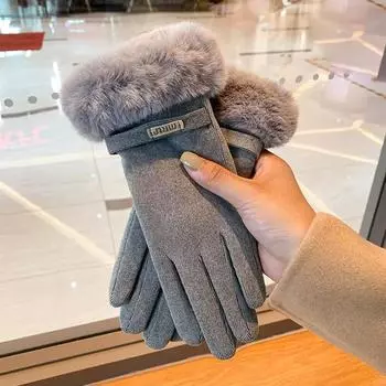 Высококачественные женские замшевые кожаные перчатки для вождения с сенсорным экраном, зимние женские двойные толстые плюшевые запястья, теплые, из кашемира, милые для велоспорта