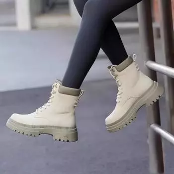 Высококачественные женские зимние ботинки средней высоты на толстой подошве 2024 года, повседневные модные современные ботинки со шнуровкой и круглым носком для женщин 35 чёрный