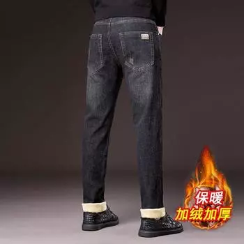 Высококачественные зимние джинсы для мужчин с флисовой подкладкой, утолщенные, прямые, облегающие, свободные, эластичные, сохраняющие тепло, повседневные, длинные брюки для мужчин 28 синий
