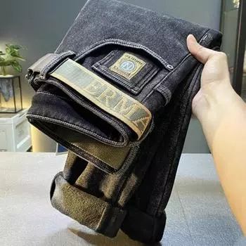 Высококачественные зимние толстые джинсы с флисовой подкладкой, мужские осенне-зимние новые трендовые свободные прямые универсальные облегающие брюки-скинни 28 чёрный