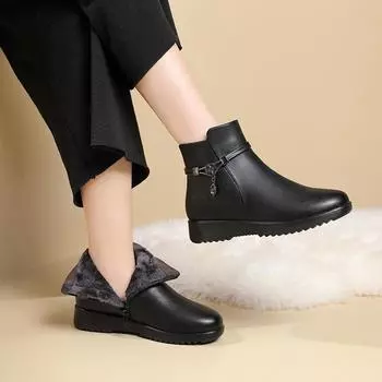 Высококачественные зимние женские ботинки из натуральной кожи на плоской подошве, женские толстые плюшевые теплые зимние ботинки для мам из нескользящего хлопка 35 чёрный
