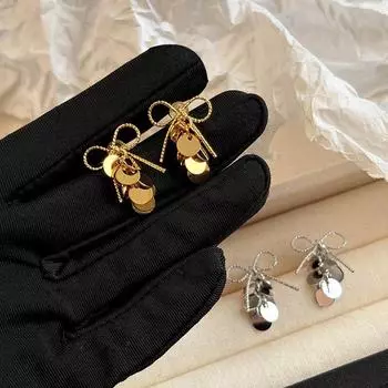 Высококачественные золотые серьги-бантики с пайетками и иглами из чистого серебра для женщин золотой