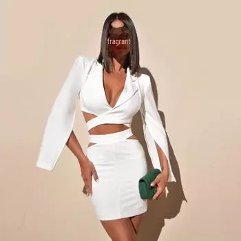Высококачественный белый сексуальный женский юбочный костюм с длинными рукавами и короткой юбкой - Осенняя коллекция XS белый