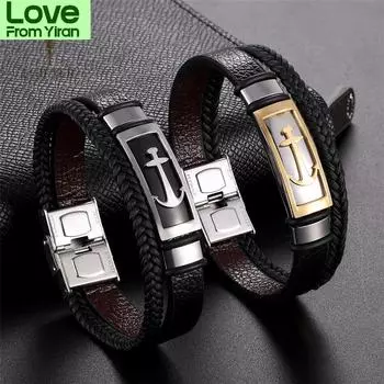 Высококачественный браслет из нержавеющей стали с подвесками-якорями, многослойный, плетеный, черный кожаный браслет для мужчин, ювелирные изделия для рук 17cm