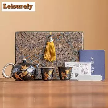 Высококачественный чайный сервиз из позолоченного серебра 999 пробы, полный комплект, роскошный чайник и чайная чашка для чайной церемонии с цветами и птицами, коллекция столовых приборов