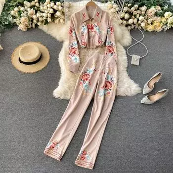 Высококачественный дизайнерский ретро-узор с принтом, рубашка, брюки, комплект из двух предметов, женский элегантный офисный женский повседневный комплект брюк M