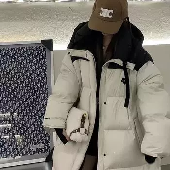 Высококачественный длинный пуховик женский 2024 зима новая мода контрастные цвета свободный теплый выше колена любовь пара S бежевый