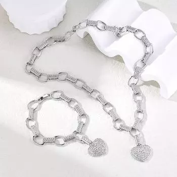 Высококачественный комплект ювелирных изделий в европейском стиле «Любовь», браслет, ожерелье, комплект из двух предметов, цельные изысканные ювелирные изделия в форме сердца из циркония класса ААА Bracelet necklace two-piece set белый