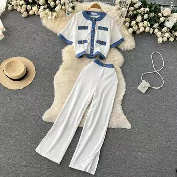 Высококачественный контрастный лоскутный комплект из двух предметов, женская одежда, ретро-кардиган на пуговицах, куртка, топы + широкие брюки с разрезом, костюмы женские