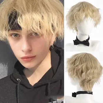 Высококачественный короткий кудрявый синтетический парик с черными и золотистыми волосами, подходящий для ролевых игр на Хэллоуин, подходит для мужчин и мальчиков.