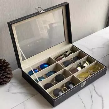 Высококачественный кожаный футляр для очков большой вместимости — многосетчатый дисплей и пылезащитное хранение солнцезащитных очков и очков для коррекции близорукости. 8-grid чёрный