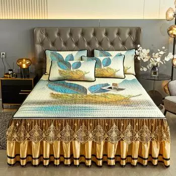 Высококачественный латексный коврик с вышивкой, комплект из трех предметов, моющаяся юбка-кровать, простыня, кружевное покрывало, утолщенный коврик из ледяного шелка 120x200cm