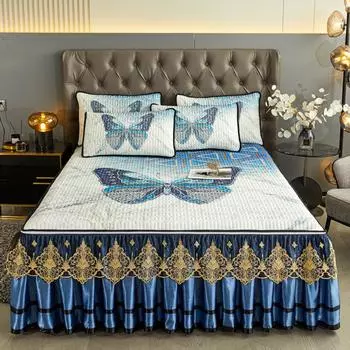 Высококачественный латексный коврик с вышивкой, комплект из трех предметов, моющаяся юбка-кровать, простыня, кружевное покрывало, утолщенный коврик из ледяного шелка 120x200cm